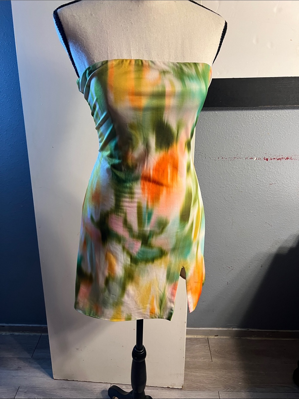 Tiger Mist Strapless Tie-Dye Mini Dress in Green & Orange